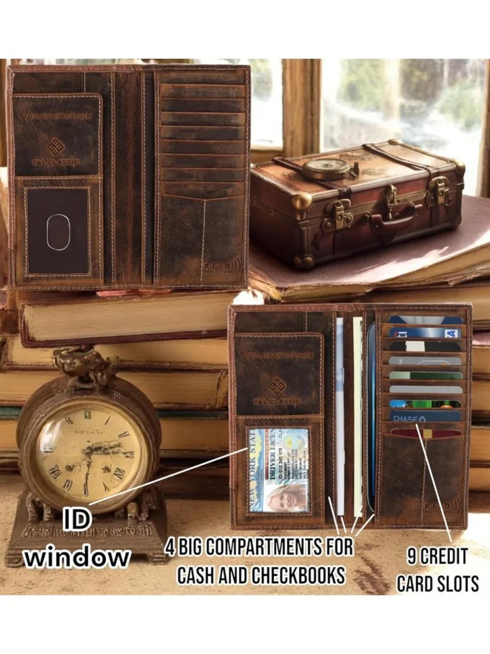 Vintage Genuine Leather RFID Bifold Wallet for Men - Brown Long Checkbook Wallet